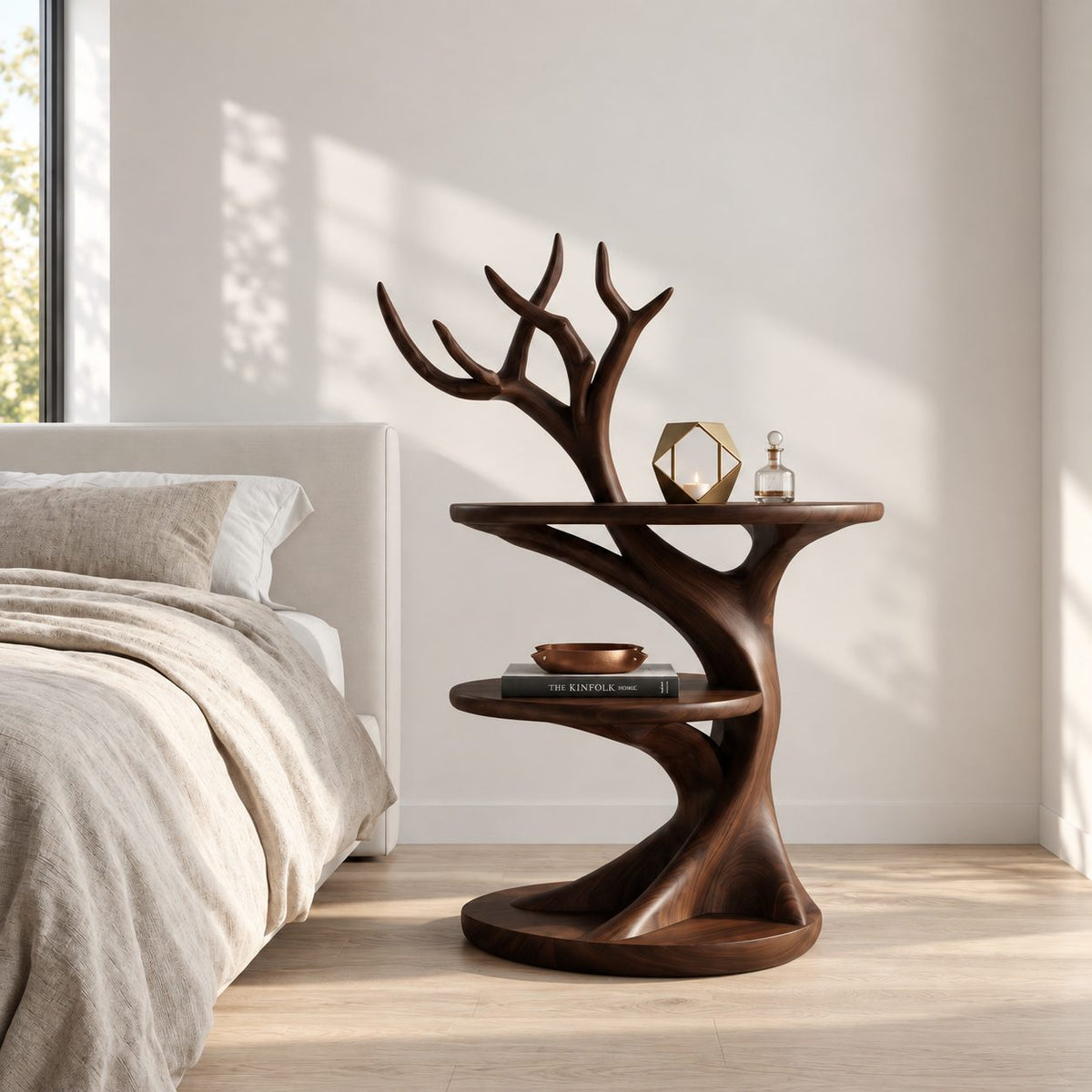 Antler Branch Nightstand with Two Round Tiers, Sculptural Tree Solid Wood Bedside Table for Bedroom