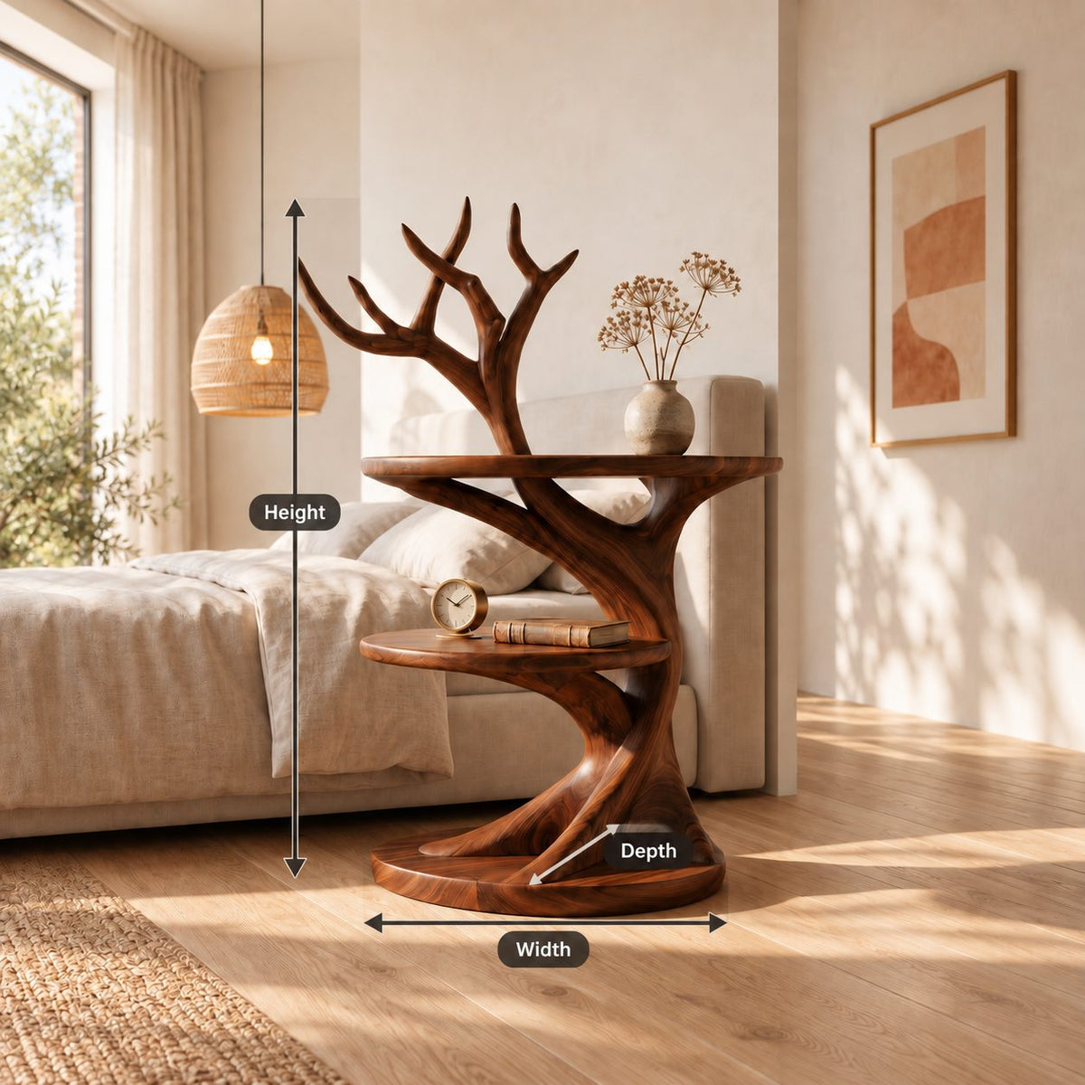 Antler Branch Nightstand with Two Round Tiers, Sculptural Tree Solid Wood Bedside Table for Bedroom
