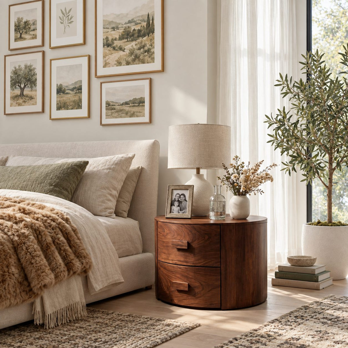 Drum Nightstand with Two Drawers, Round Solid Wood Bedside Table with Cut-In Pulls for Bedroom