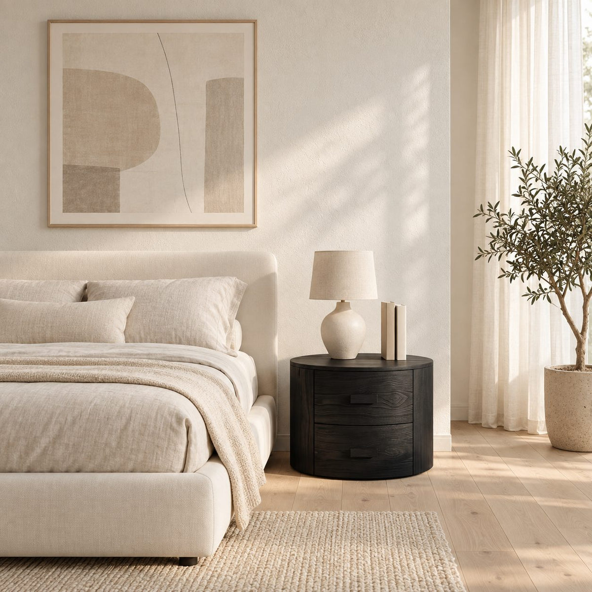 Drum Nightstand with Two Drawers, Round Solid Wood Bedside Table with Cut-In Pulls for Bedroom