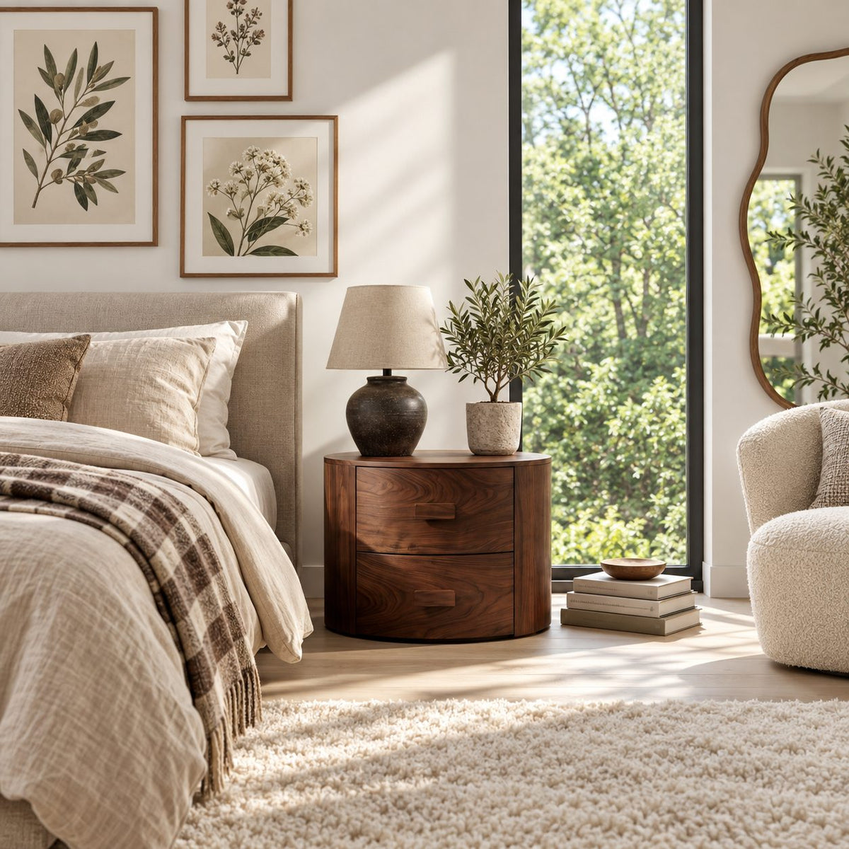 Drum Nightstand with Two Drawers, Round Solid Wood Bedside Table with Cut-In Pulls for Bedroom