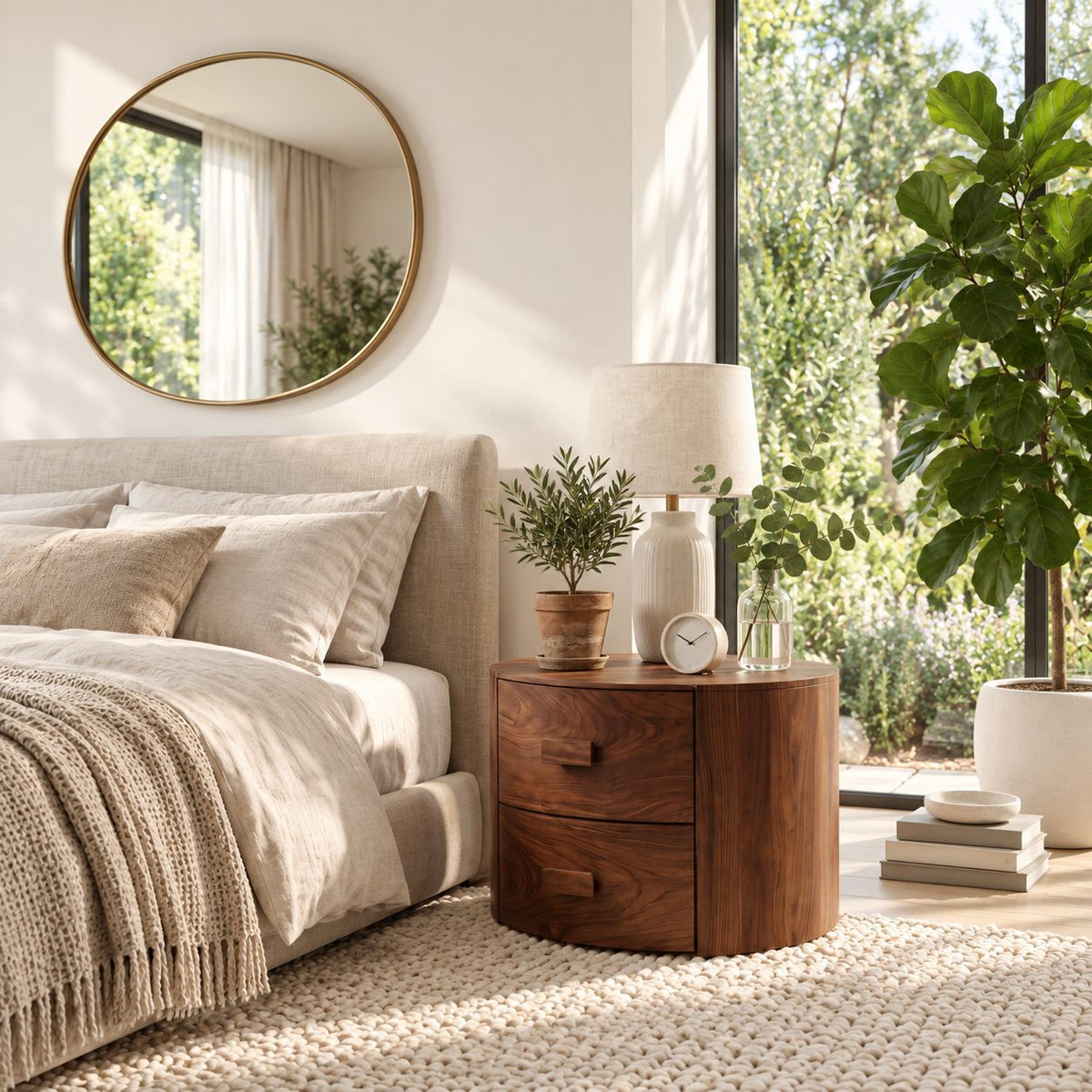 Drum Nightstand with Two Drawers, Round Solid Wood Bedside Table with Cut-In Pulls for Bedroom