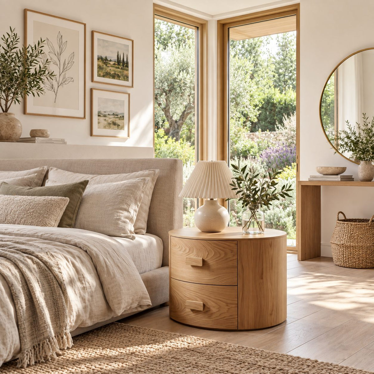 Drum Nightstand with Two Drawers, Round Solid Wood Bedside Table with Cut-In Pulls for Bedroom
