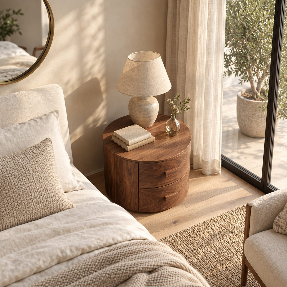 Drum Nightstand with Two Drawers, Round Solid Wood Bedside Table with Cut-In Pulls for Bedroom