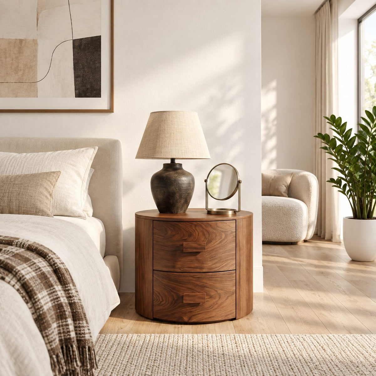 Drum Nightstand with Two Drawers, Round Solid Wood Bedside Table with Cut-In Pulls for Bedroom