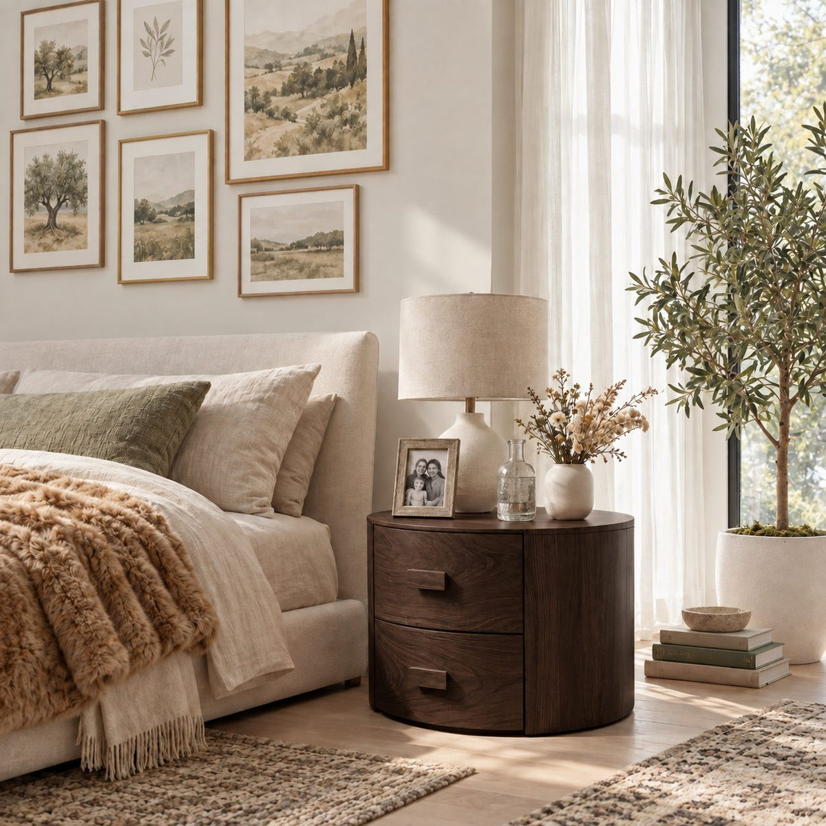 Drum Nightstand with Two Drawers, Round Solid Wood Bedside Table with Cut-In Pulls for Bedroom