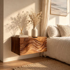 Rippled Wave Floating Nightstand with Drawer, Wall Mounted Solid Wood Bedside Cabinet for Bedroom