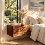 Rippled Wave Floating Nightstand with Drawer, Wall Mounted Solid Wood Bedside Cabinet for Bedroom