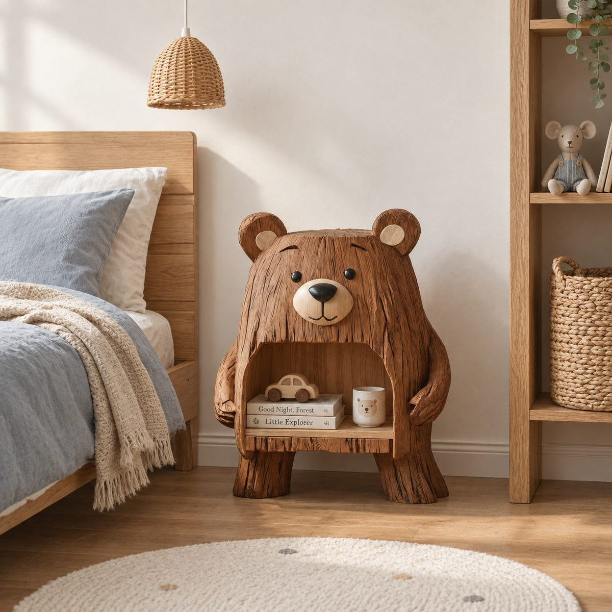 Bear Nightstand with Open Belly Niche, Hand Carved Solid Wood Bedside Table for Kids Room