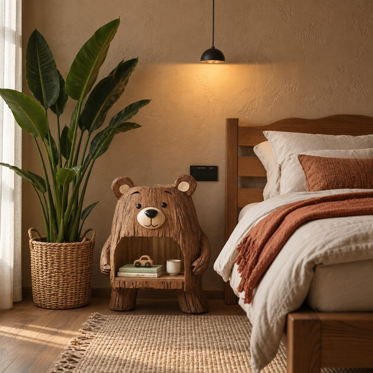 Bear Nightstand with Open Belly Niche, Hand Carved Solid Wood Bedside Table for Kids Room