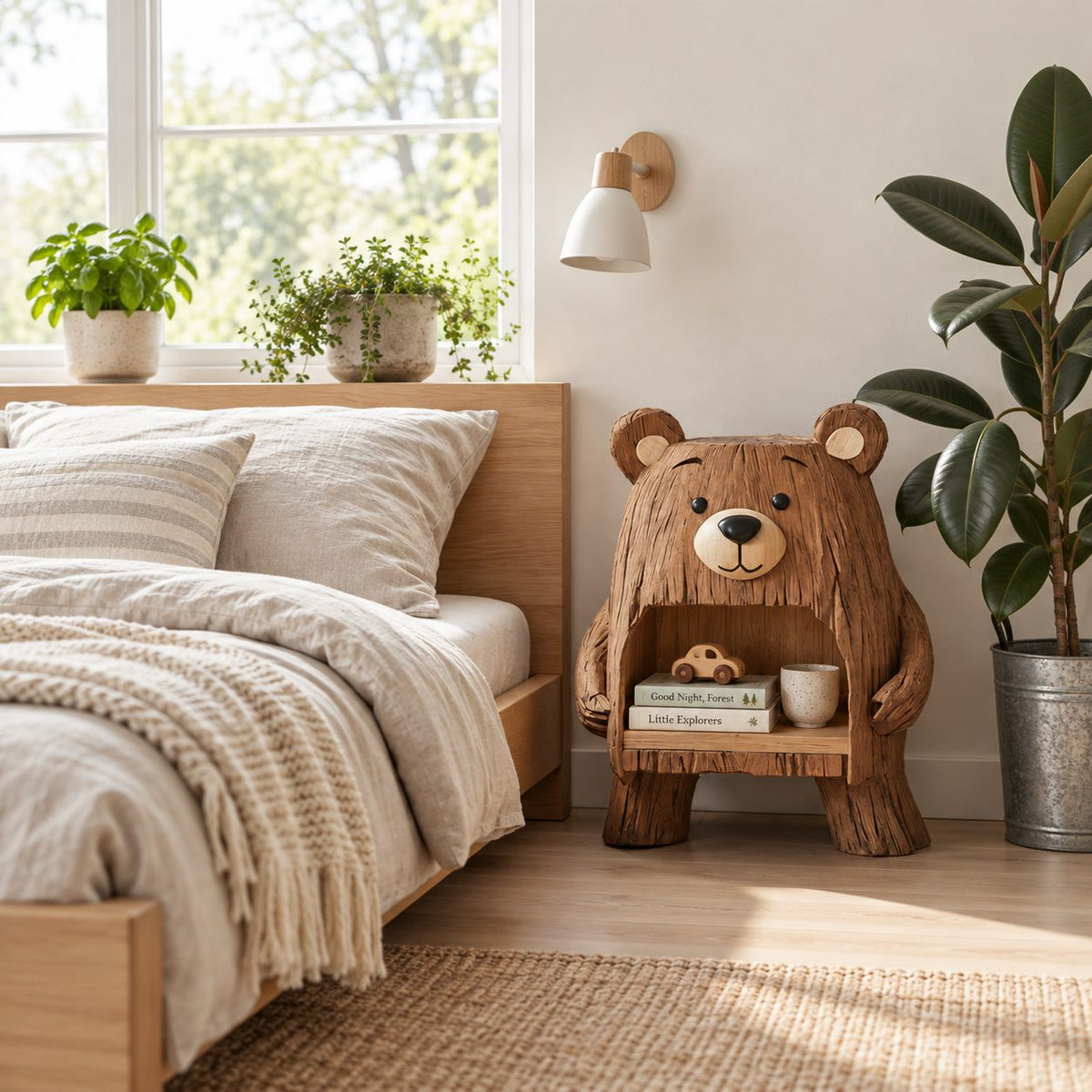 Bear Nightstand with Open Belly Niche, Hand Carved Solid Wood Bedside Table for Kids Room