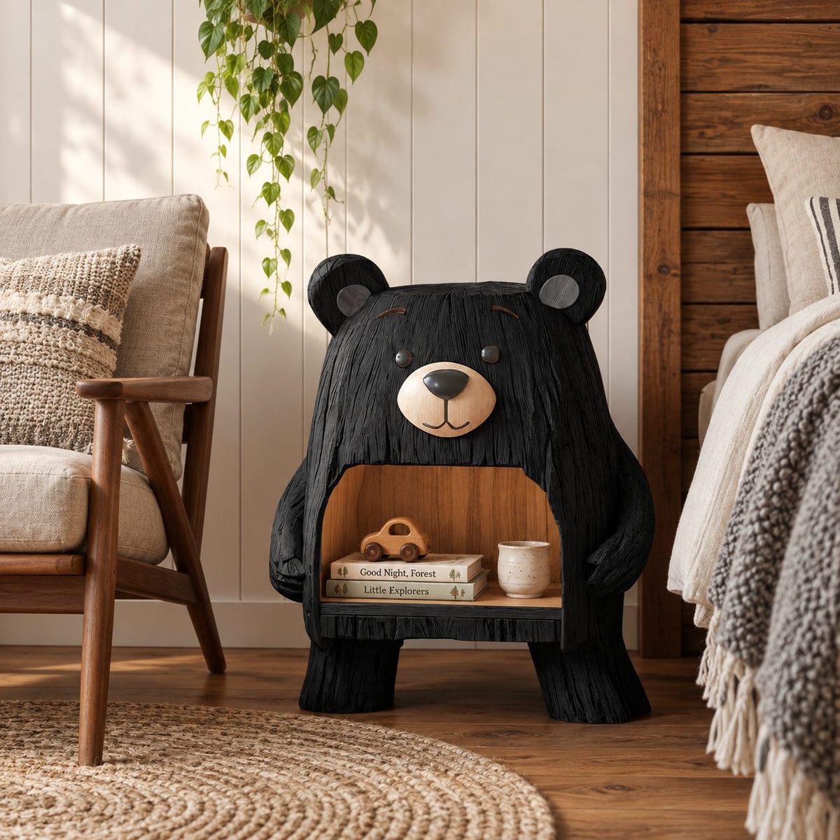 Bear Nightstand with Open Belly Niche, Hand Carved Solid Wood Bedside Table for Kids Room