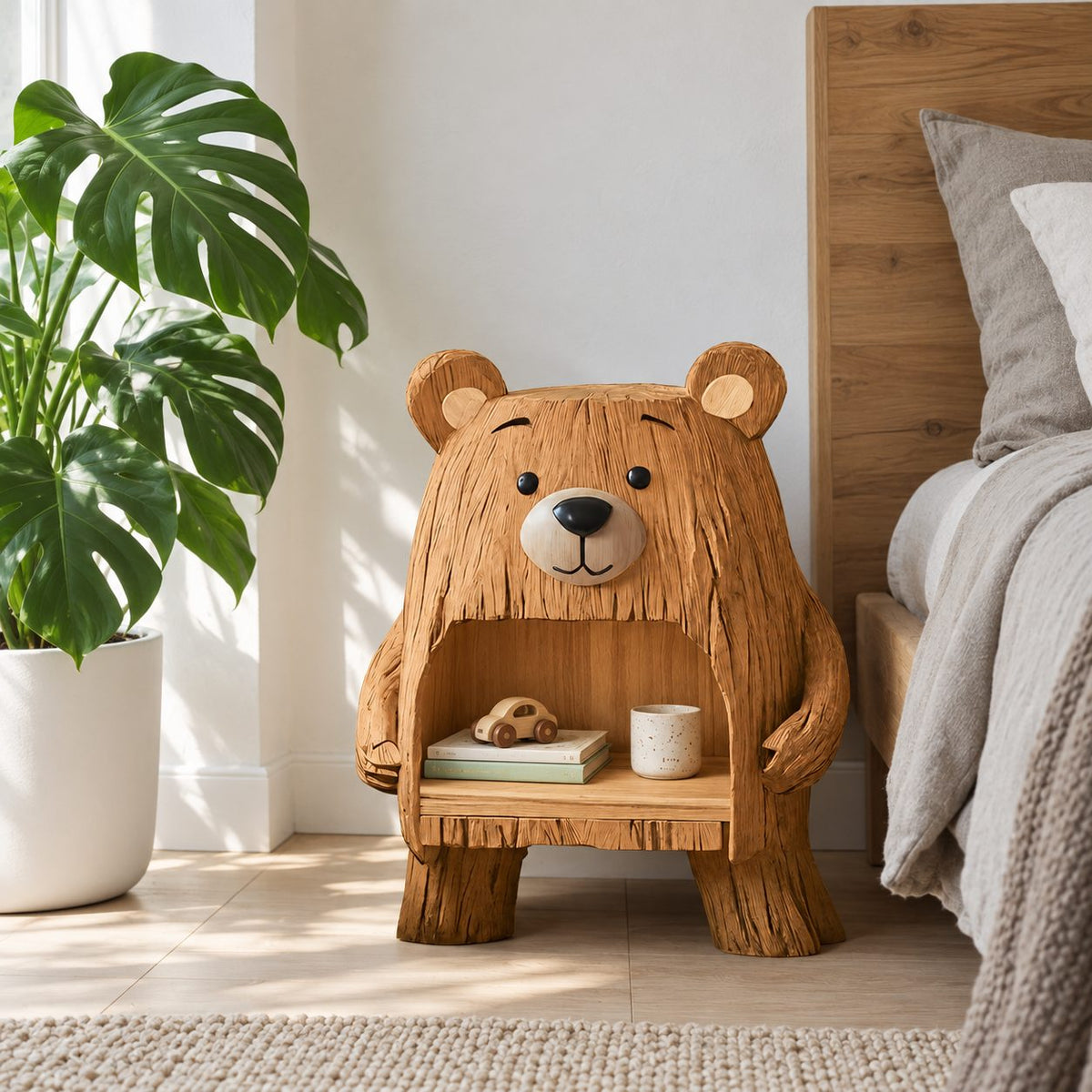 Bear Nightstand with Open Belly Niche, Hand Carved Solid Wood Bedside Table for Kids Room