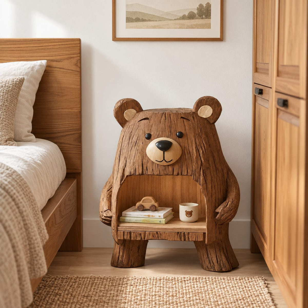 Bear Nightstand with Open Belly Niche, Hand Carved Solid Wood Bedside Table for Kids Room