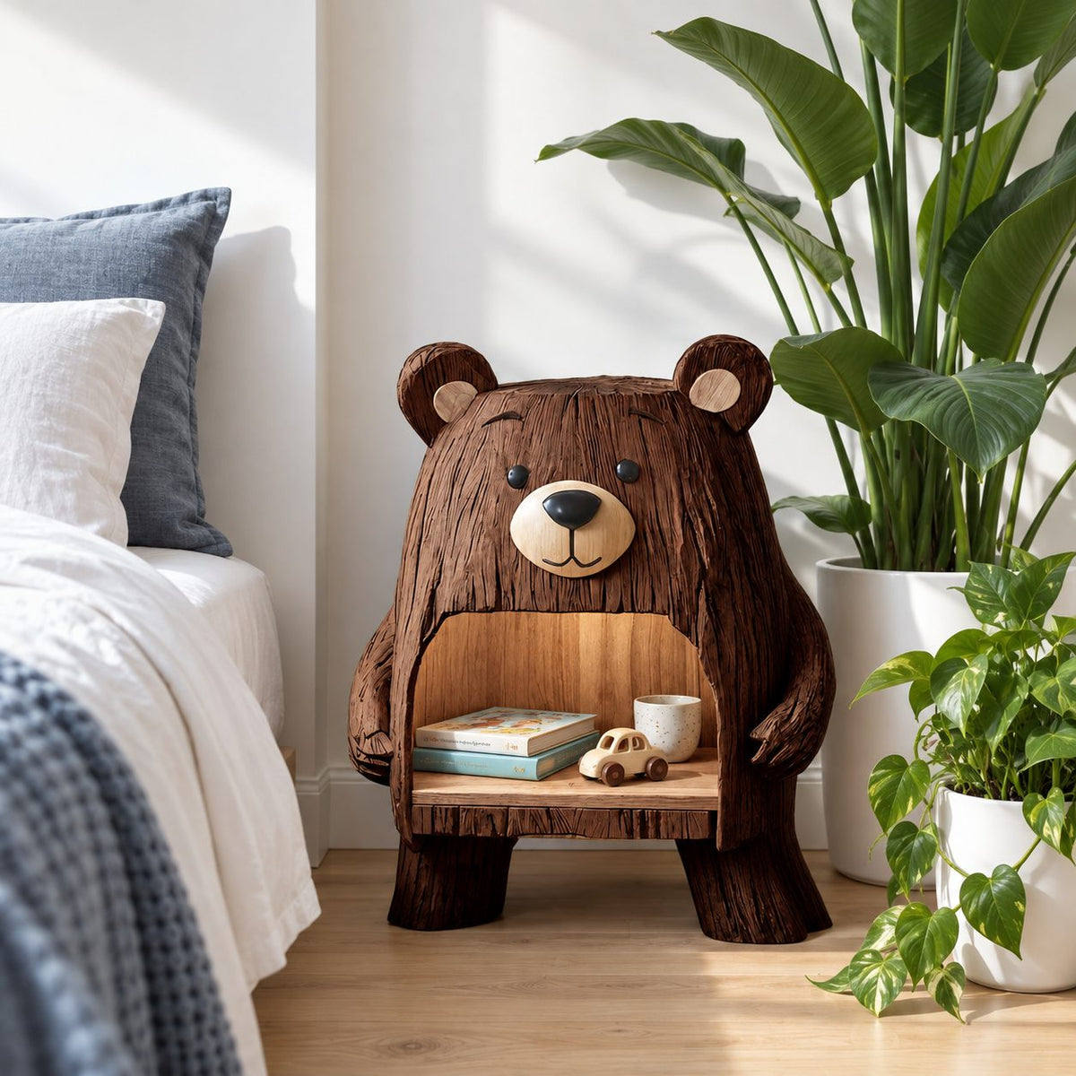 Bear Nightstand with Open Belly Niche, Hand Carved Solid Wood Bedside Table for Kids Room
