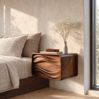 Deep Groove Wave Floating Bedside Table with Drawer, Rounded Solid Wood Wall Mounted Nightstand