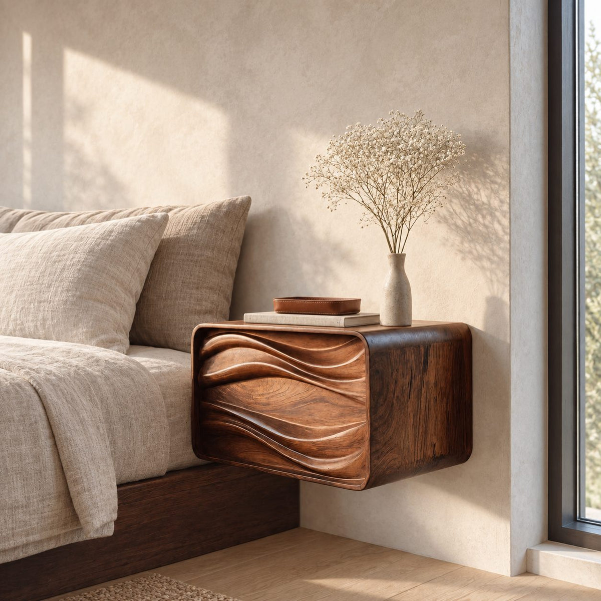 Deep Groove Wave Floating Bedside Table with Drawer, Rounded Solid Wood Wall Mounted Nightstand