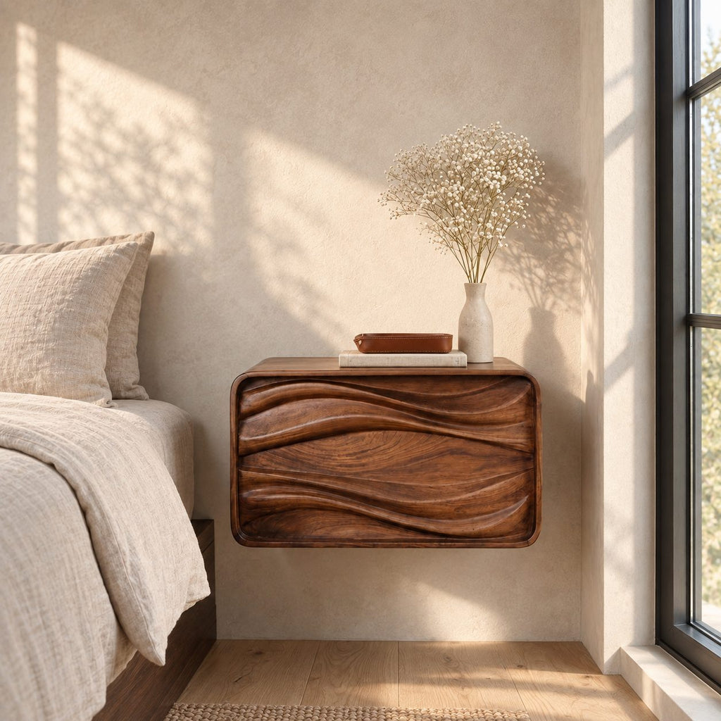 Deep Groove Wave Floating Bedside Table with Drawer, Rounded Solid Wood Wall Mounted Nightstand