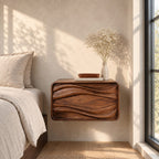Deep Groove Wave Floating Bedside Table with Drawer, Rounded Solid Wood Wall Mounted Nightstand