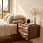 Deep Groove Wave Floating Bedside Table with Drawer, Rounded Solid Wood Wall Mounted Nightstand