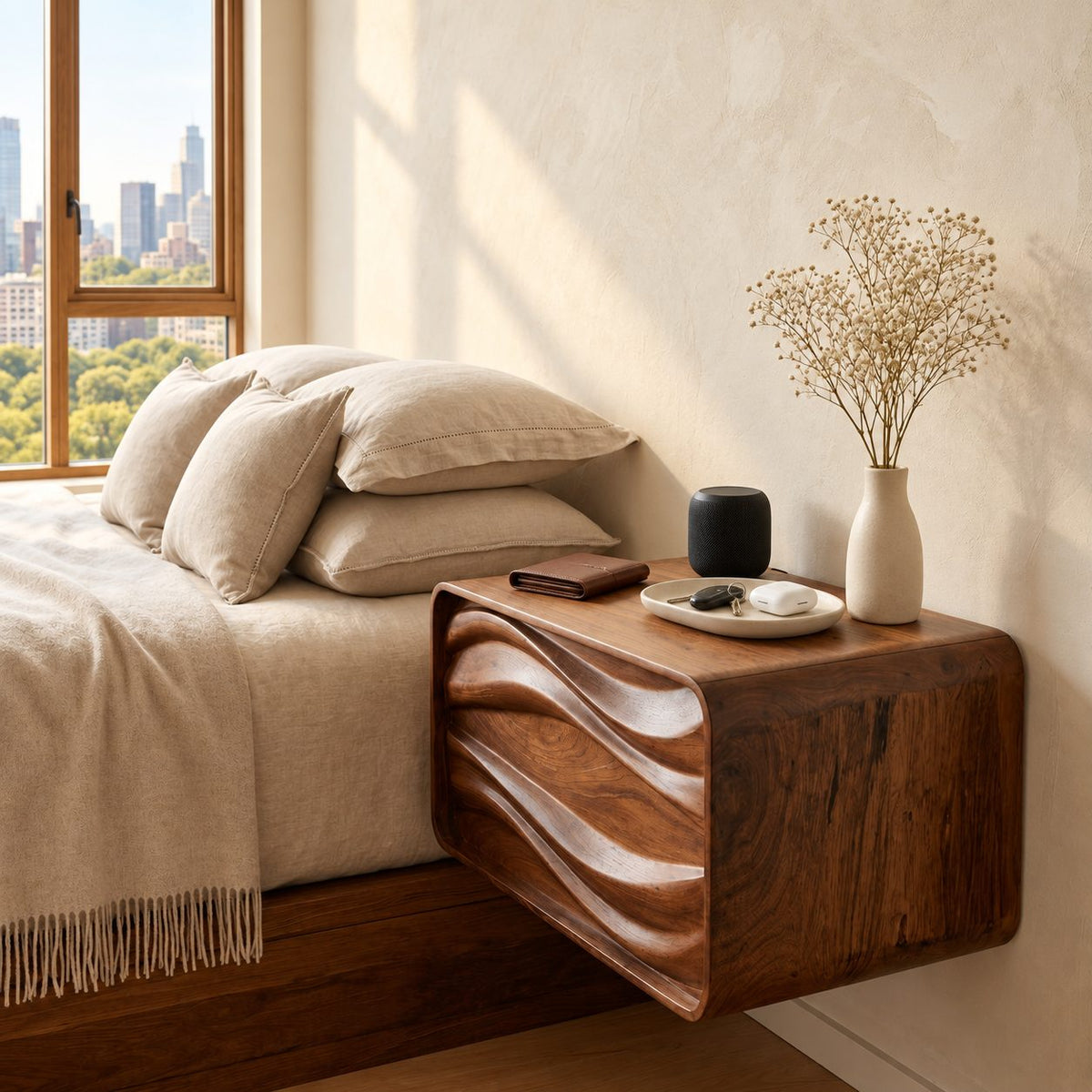 Deep Groove Wave Floating Bedside Table with Drawer, Rounded Solid Wood Wall Mounted Nightstand