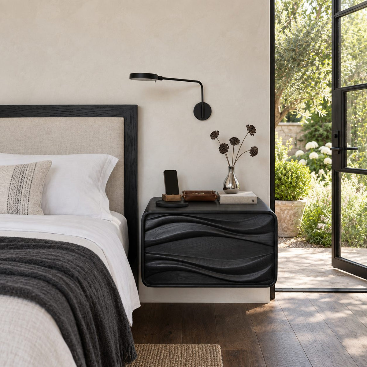 Deep Groove Wave Floating Bedside Table with Drawer, Rounded Solid Wood Wall Mounted Nightstand