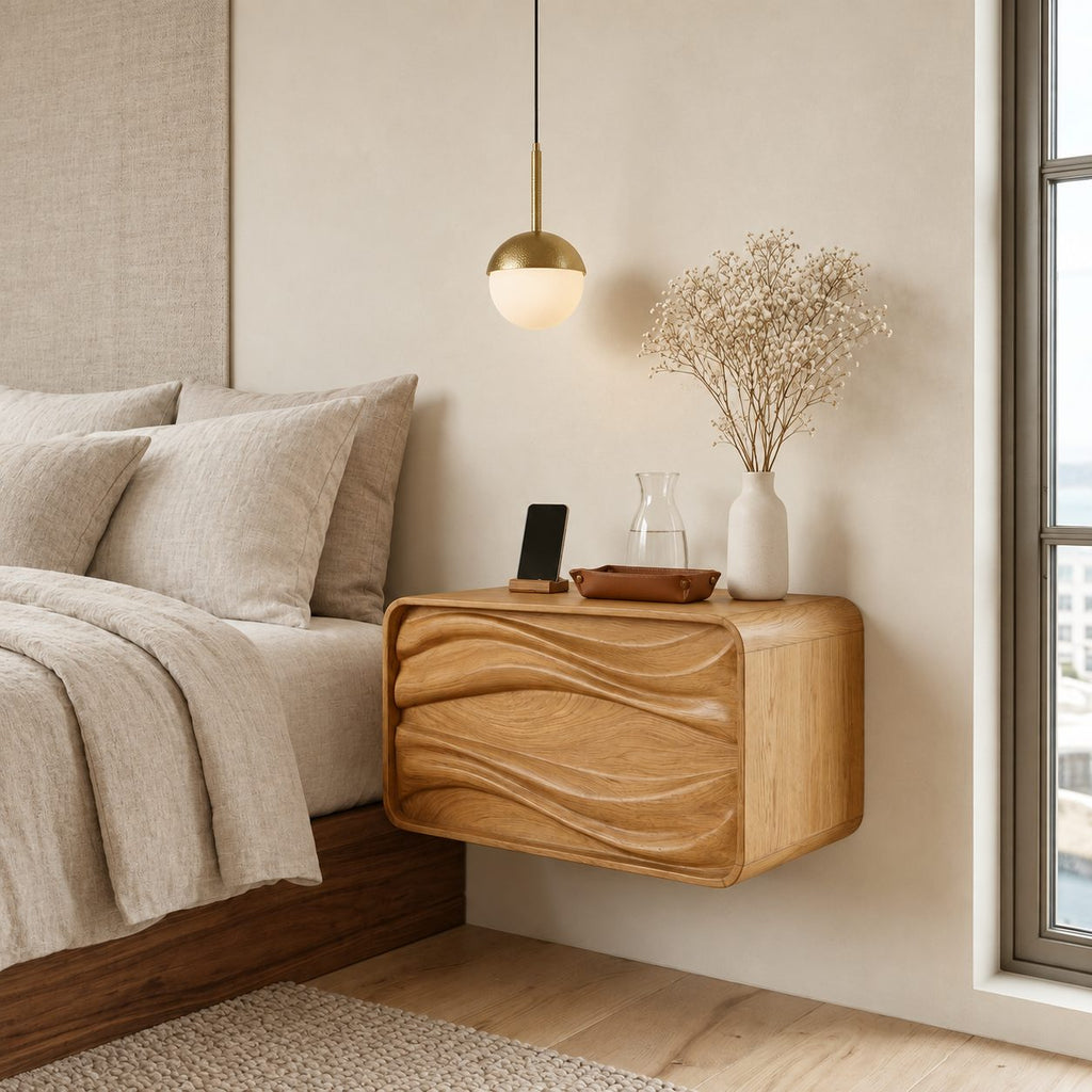 Deep Groove Wave Floating Bedside Table with Drawer, Rounded Solid Wood Wall Mounted Nightstand