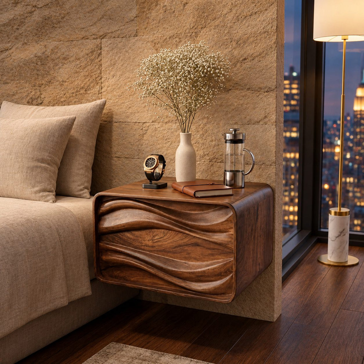 Deep Groove Wave Floating Bedside Table with Drawer, Rounded Solid Wood Wall Mounted Nightstand