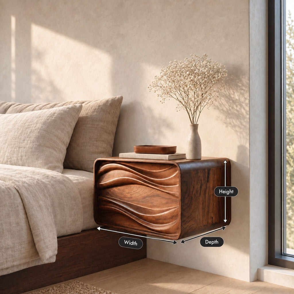 Deep Groove Wave Floating Bedside Table with Drawer, Rounded Solid Wood Wall Mounted Nightstand
