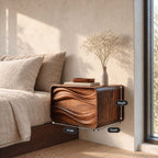 Deep Groove Wave Floating Bedside Table with Drawer, Rounded Solid Wood Wall Mounted Nightstand