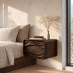 Deep Groove Wave Floating Bedside Table with Drawer, Rounded Solid Wood Wall Mounted Nightstand
