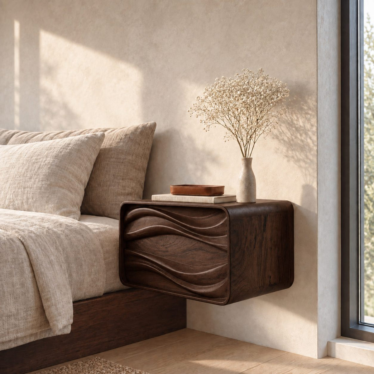 Deep Groove Wave Floating Bedside Table with Drawer, Rounded Solid Wood Wall Mounted Nightstand