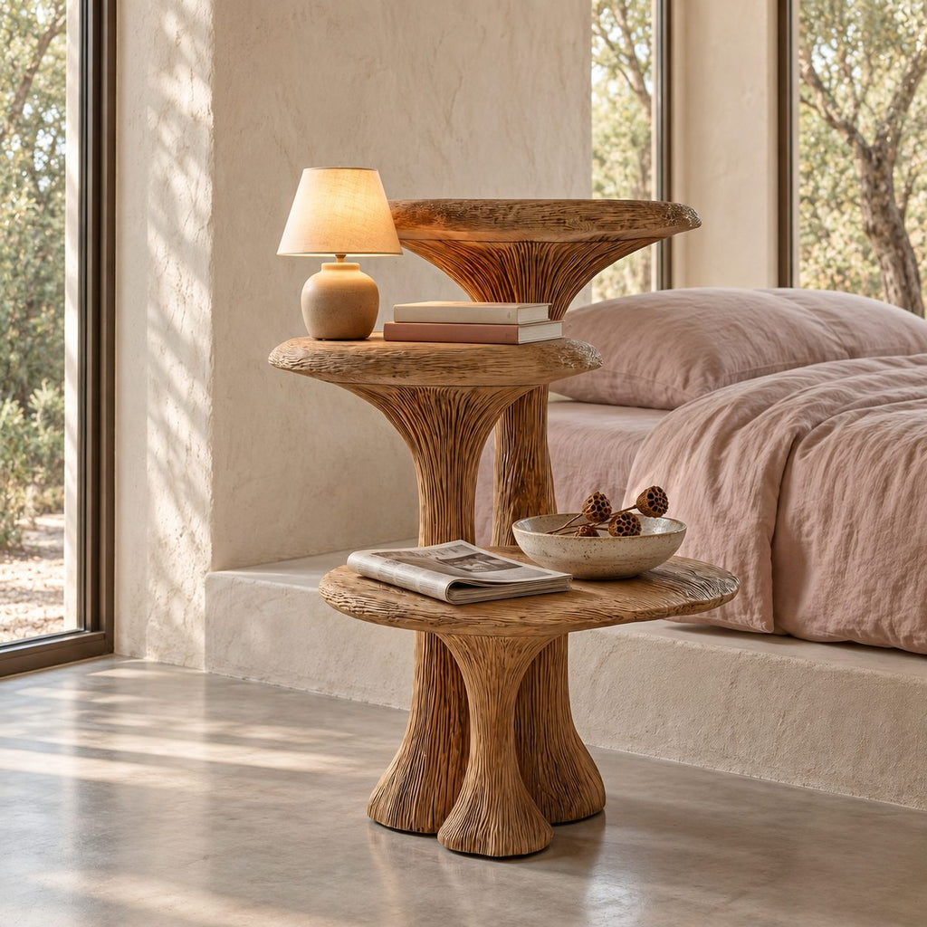 Mushroom Tier Nightstand with Three Round Shelves, Stacked Pedestal Solid Wood Bedside Table