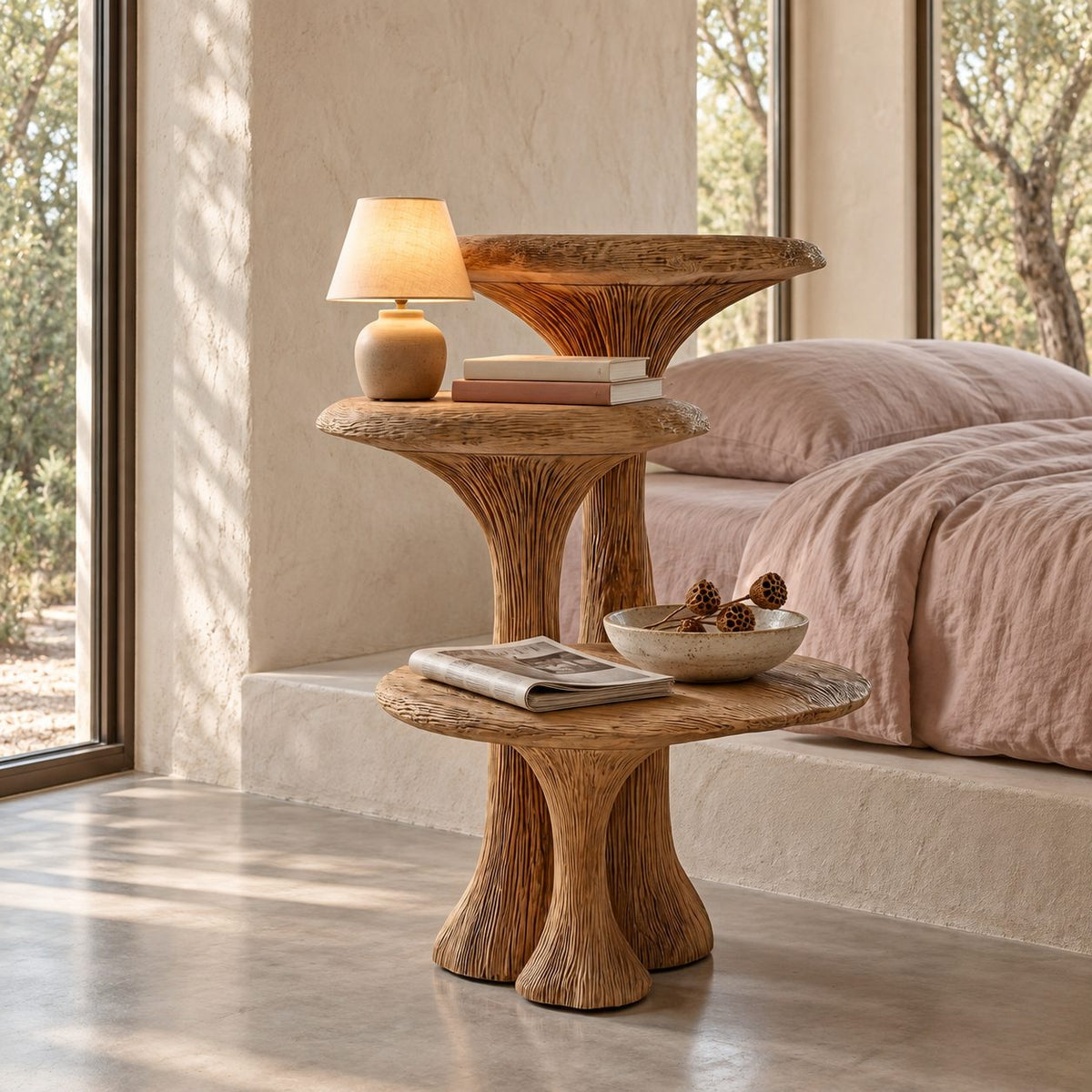 Mushroom Tier Nightstand with Three Round Shelves, Stacked Pedestal Solid Wood Bedside Table