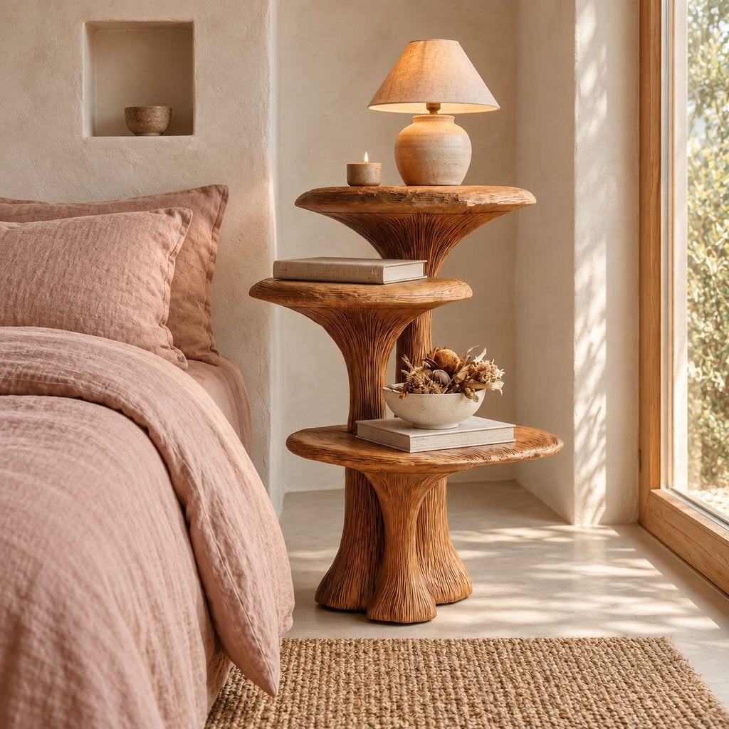 Mushroom Tier Nightstand with Three Round Shelves, Stacked Pedestal Solid Wood Bedside Table