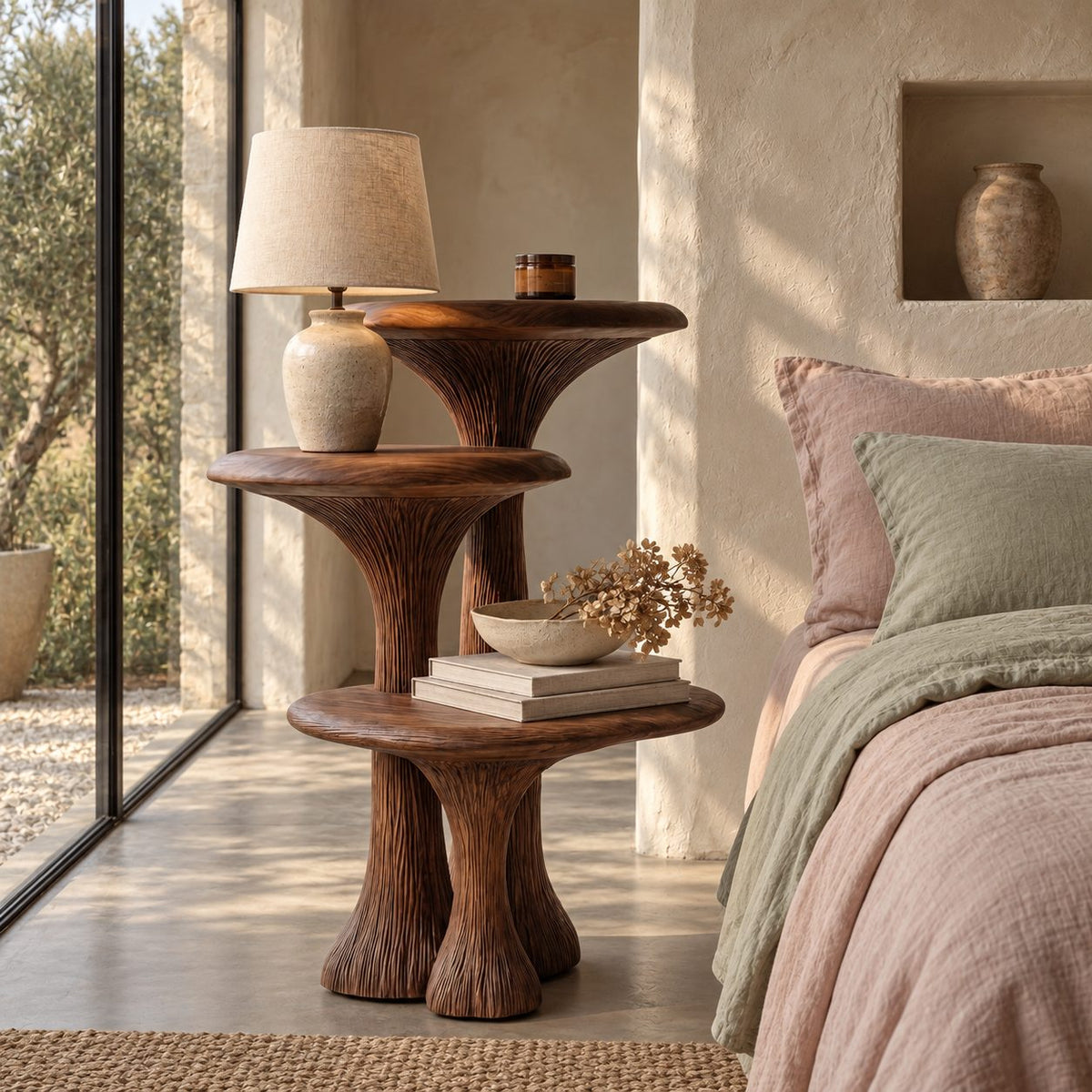 Mushroom Tier Nightstand with Three Round Shelves, Stacked Pedestal Solid Wood Bedside Table