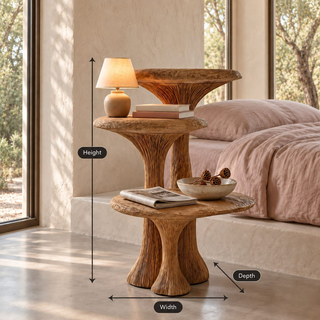 Mushroom Tier Nightstand with Three Round Shelves, Stacked Pedestal Solid Wood Bedside Table