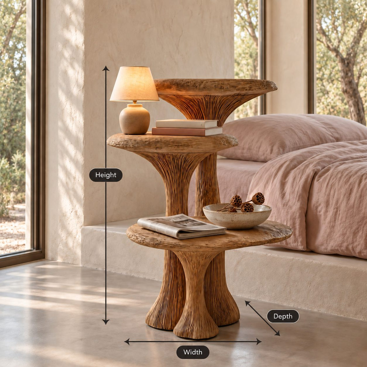 Mushroom Tier Nightstand with Three Round Shelves, Stacked Pedestal Solid Wood Bedside Table
