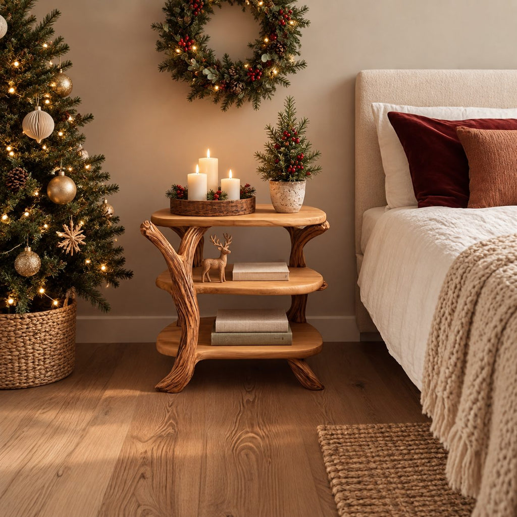 Branch Leg Nightstand with Three Oval Shelves, Rustic Tree Limb Solid Wood Bedside Table