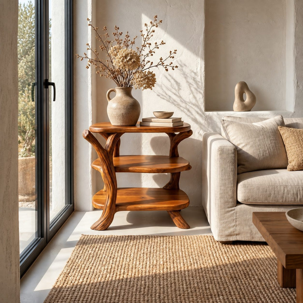 Branch Leg Nightstand with Three Oval Shelves, Rustic Tree Limb Solid Wood Bedside Table