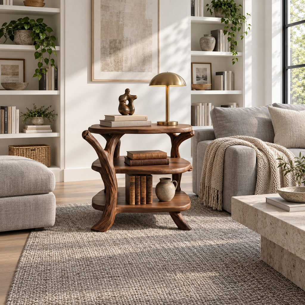Branch Leg Nightstand with Three Oval Shelves, Rustic Tree Limb Solid Wood Bedside Table