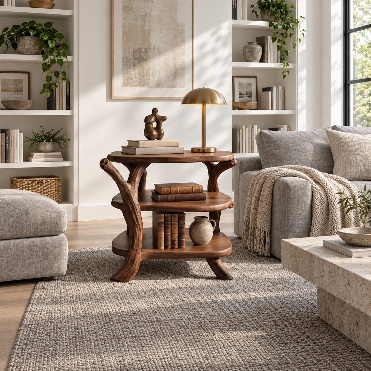 Branch Leg Nightstand with Three Oval Shelves, Rustic Tree Limb Solid Wood Bedside Table
