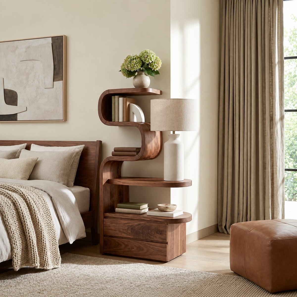 Tall Ribbon Curve Nightstand with Shelves and Two Drawers, Sculpted Solid Wood Bedside Tower