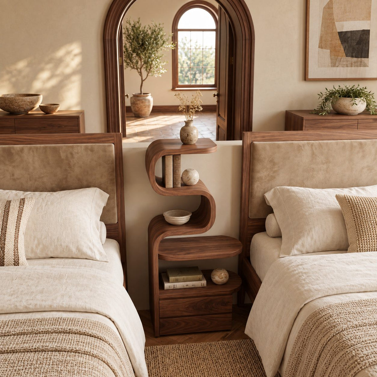 Tall Ribbon Curve Nightstand with Shelves and Two Drawers, Sculpted Solid Wood Bedside Tower