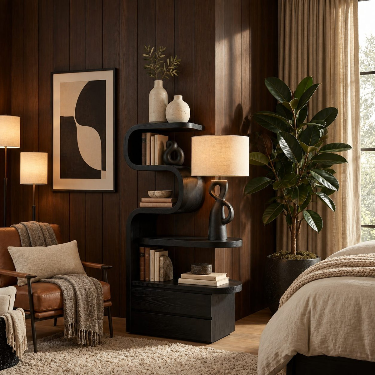 Tall Ribbon Curve Nightstand with Shelves and Two Drawers, Sculpted Solid Wood Bedside Tower