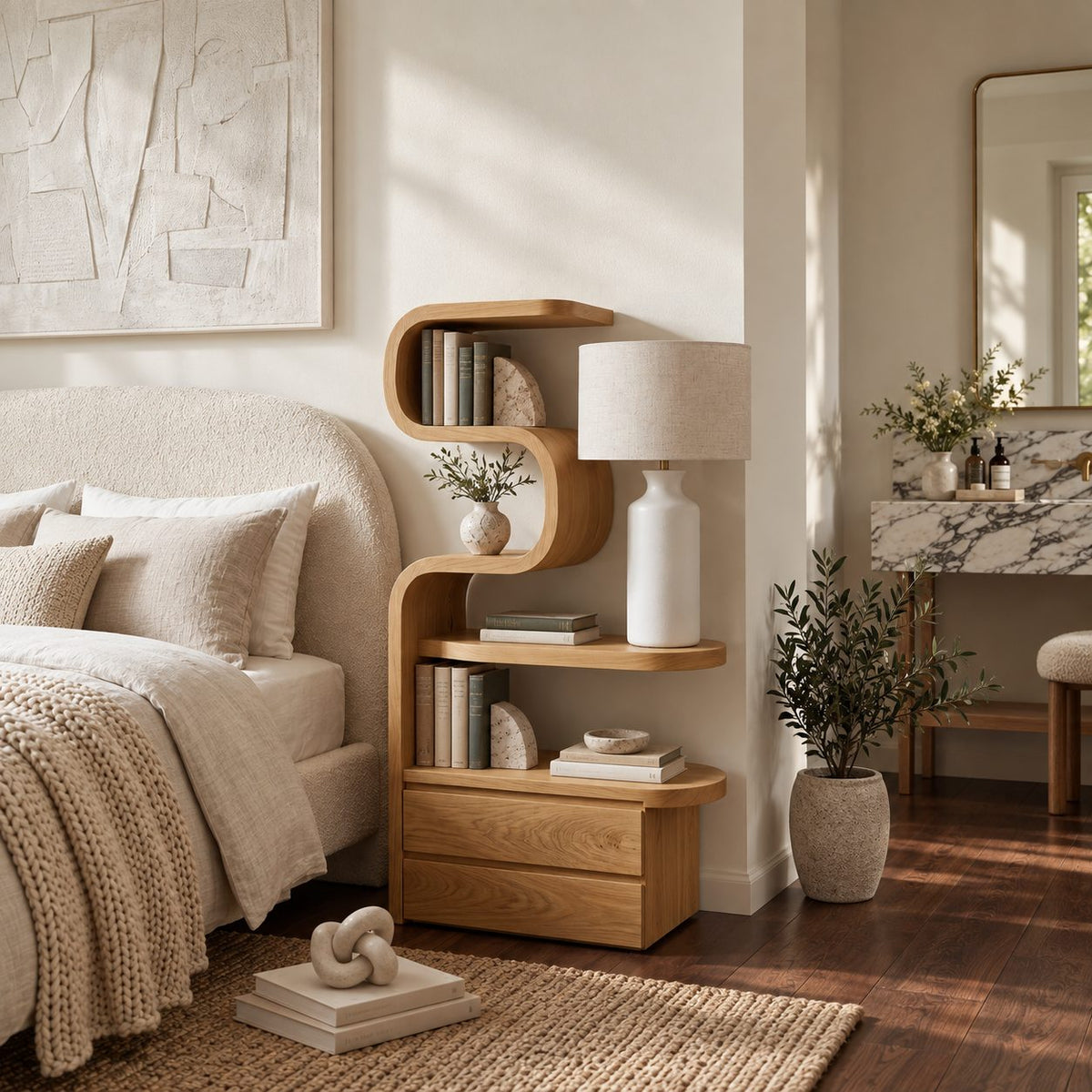 Tall Ribbon Curve Nightstand with Shelves and Two Drawers, Sculpted Solid Wood Bedside Tower