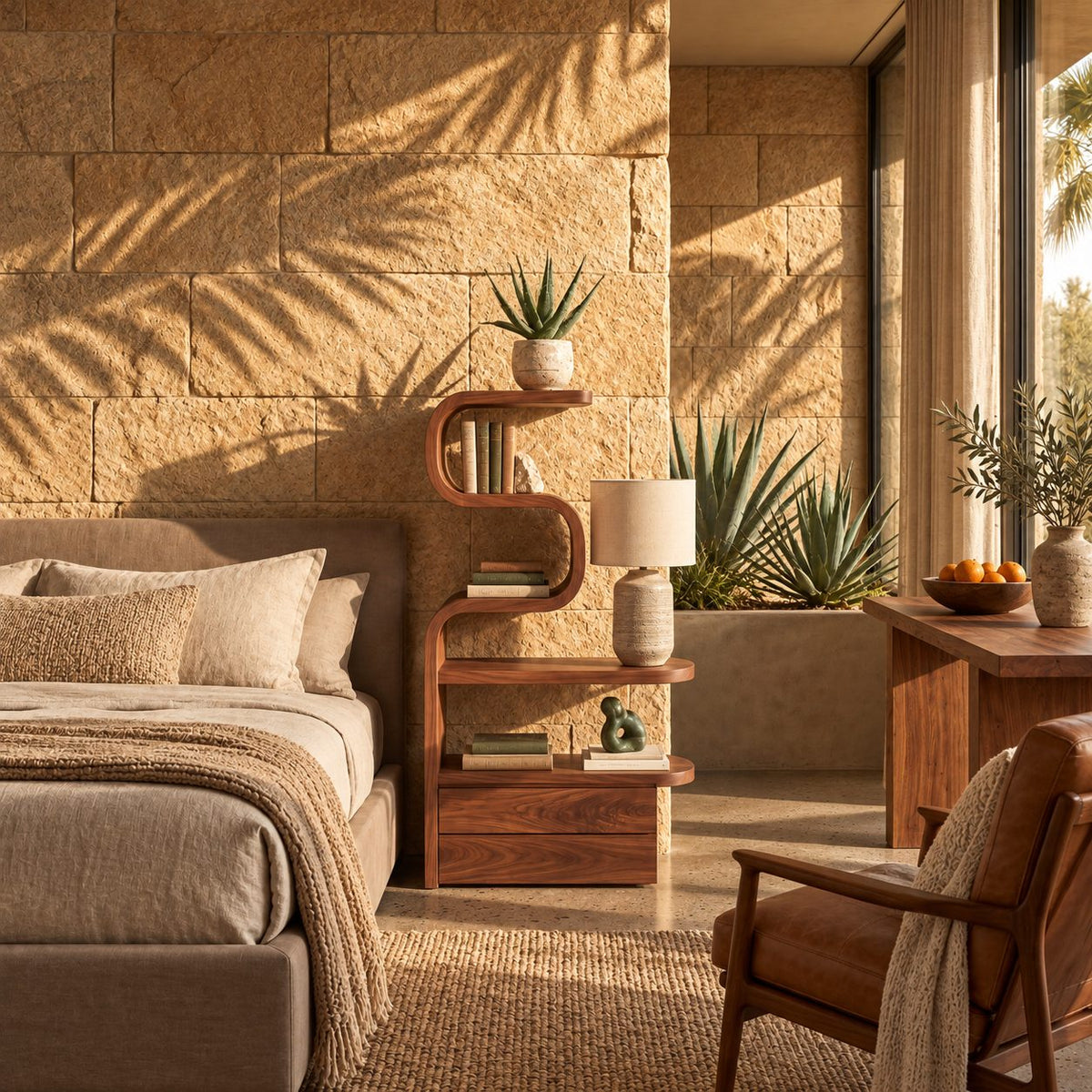 Tall Ribbon Curve Nightstand with Shelves and Two Drawers, Sculpted Solid Wood Bedside Tower