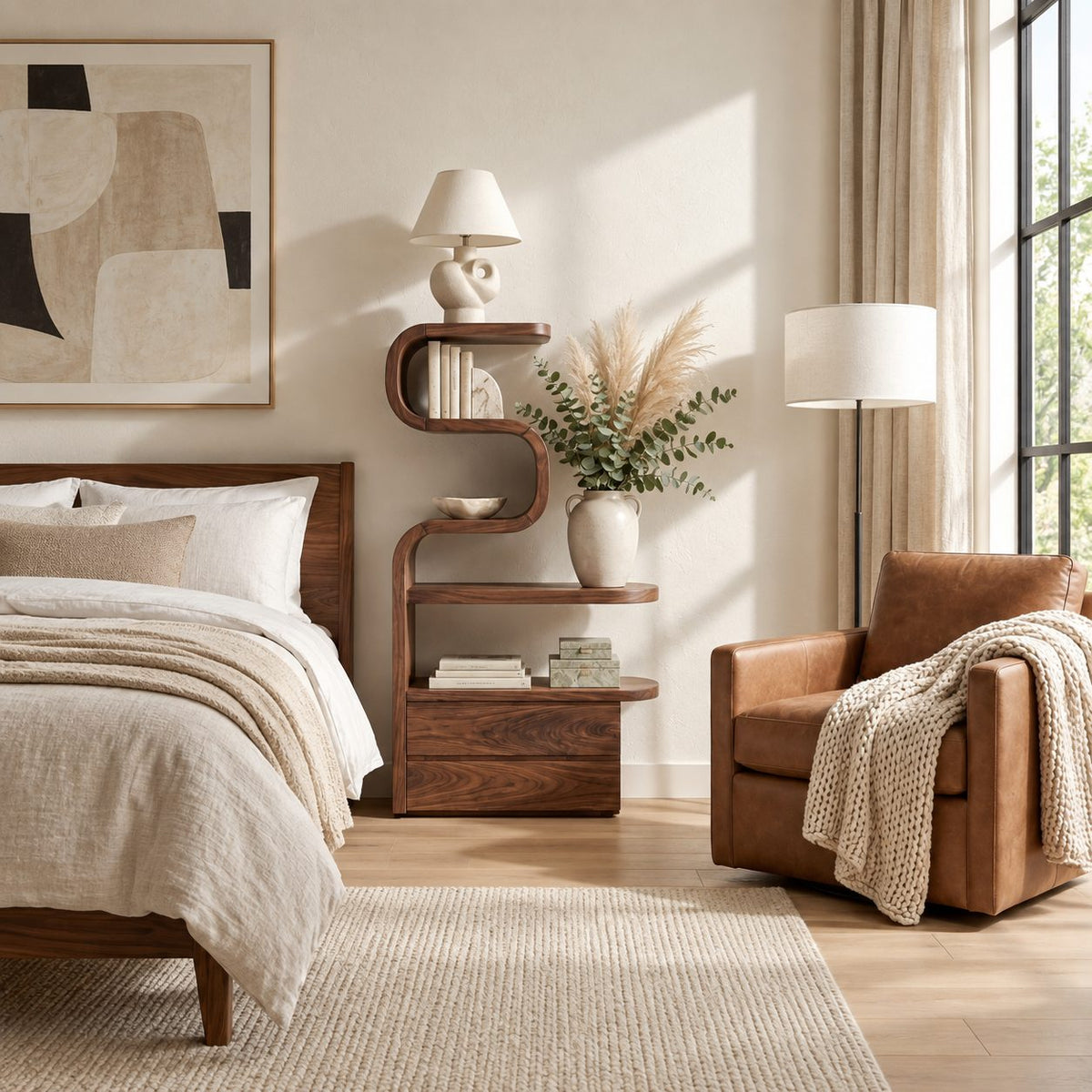 Tall Ribbon Curve Nightstand with Shelves and Two Drawers, Sculpted Solid Wood Bedside Tower