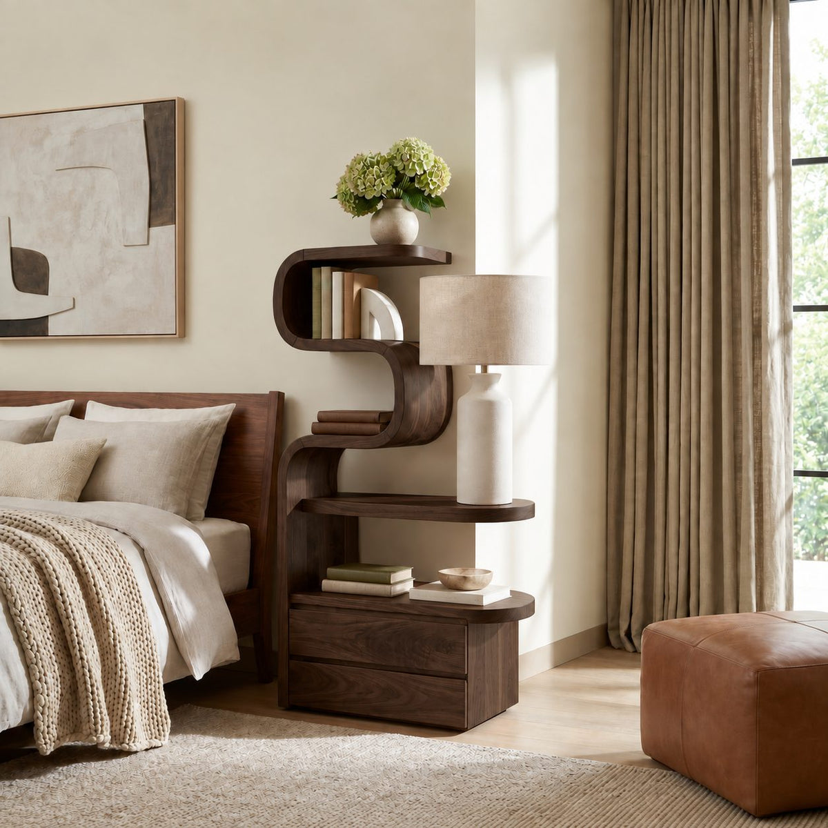 Tall Ribbon Curve Nightstand with Shelves and Two Drawers, Sculpted Solid Wood Bedside Tower