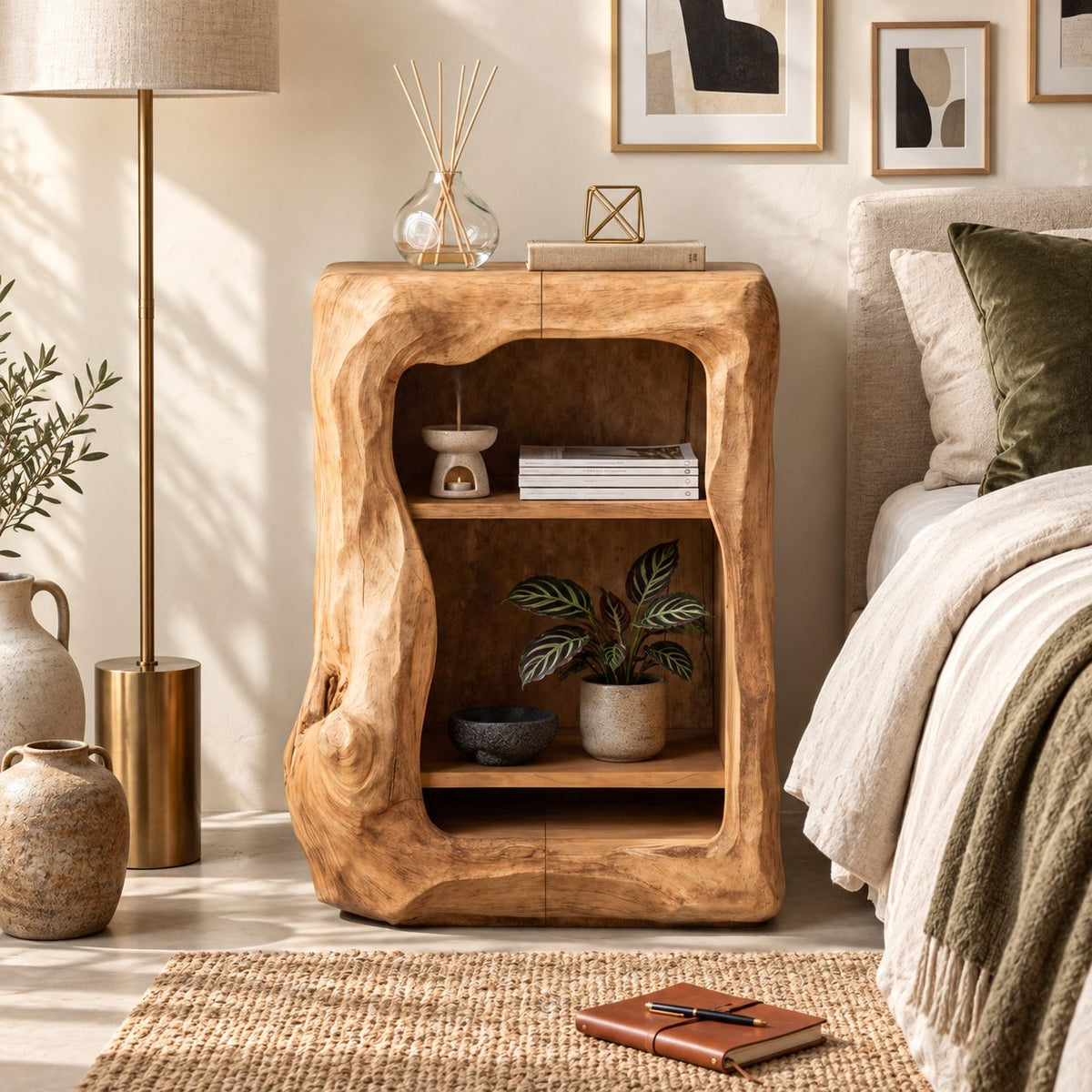 Rounded Window Trunk Nightstand with Two Open Shelves, Carved Solid Wood Bedside Cabinet